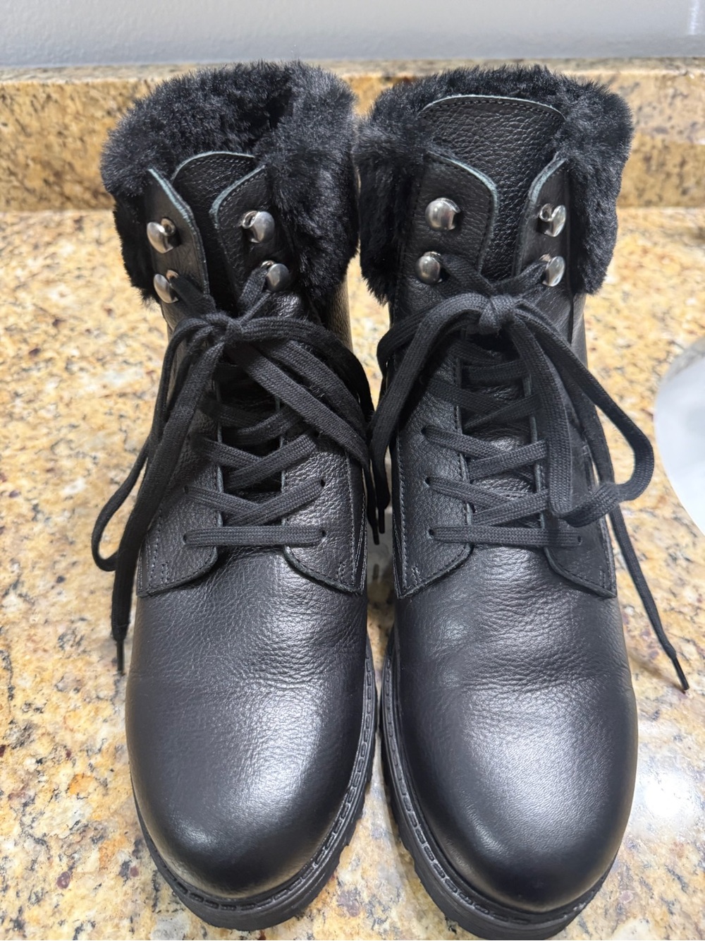 Avellini Women's Black Faux-Fur Lace-Up Leather Ankle Boots US size 9/EU 40